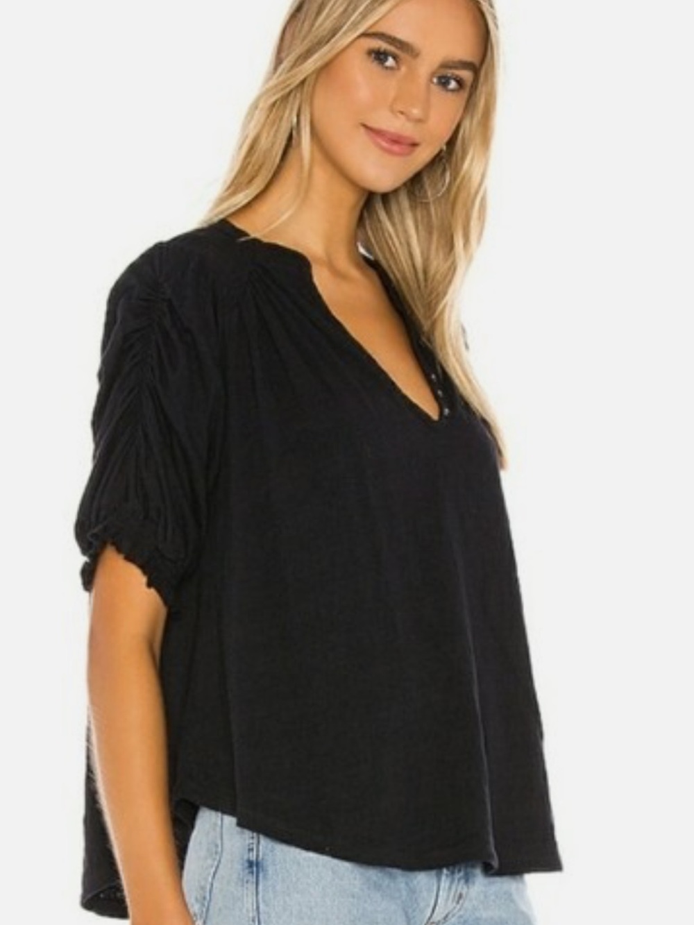 Free People Fever Dream Split Neck Tee Peasant Style Black Size L NWT